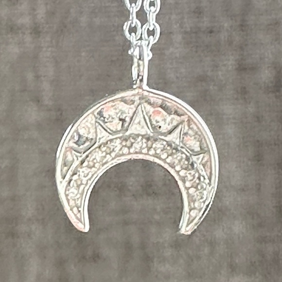 Sterling Silver Crescent Moon Necklace with Crystal Stones - Picture 9 of 9
